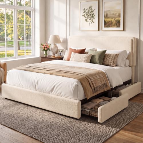 Garvee Queen Size Bed Frame with 2 Storage Drawer and Upholstered Headboard | Teddy Fleece Fabric Upholstered Bed Frame - size: Queen