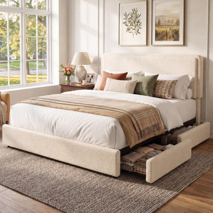 Garvee Queen Size Bed Frame with 2 Storage Drawer and Upholstered Headboard | Teddy Fleece Fabric Upholstered Bed Frame - size: Queen