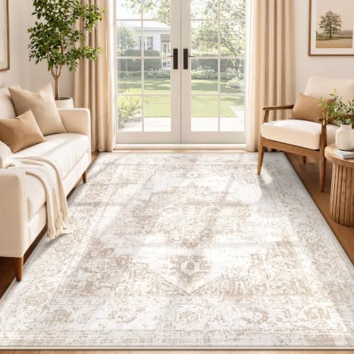 Area Rug 5x7 Vintage Rug: Washable Indoor Medallion Rugs Low Pile Distressed Floor Carpet Retro Accent Rug for Living Room Bedroom Kitchen Dining Table Home Office(Beige, 5'x7') - color: Beige, size: 5' x 7' (Rectangular)