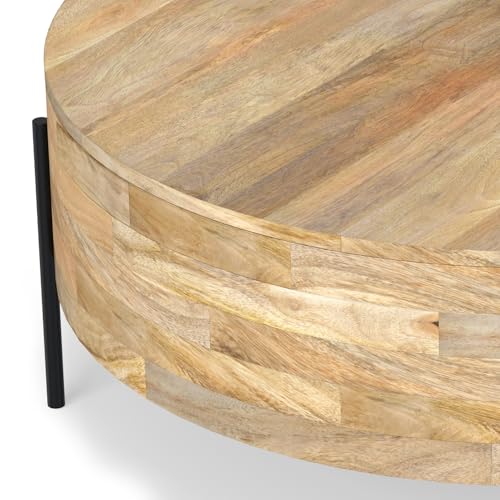 SIMPLIHOME Rayburn 38" Wide Solid Mango Wood Drum Coffee Table in Natural | Modern industrial coffee table with black metal legs and a large surface; round cocktail table or center table. - color: Refined Natural