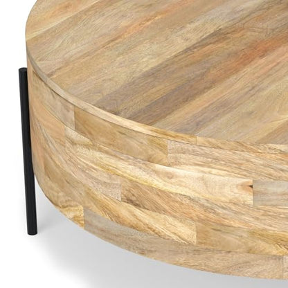 SIMPLIHOME Rayburn 38" Wide Solid Mango Wood Drum Coffee Table in Natural | Modern industrial coffee table with black metal legs and a large surface; round cocktail table or center table. - color: Refined Natural