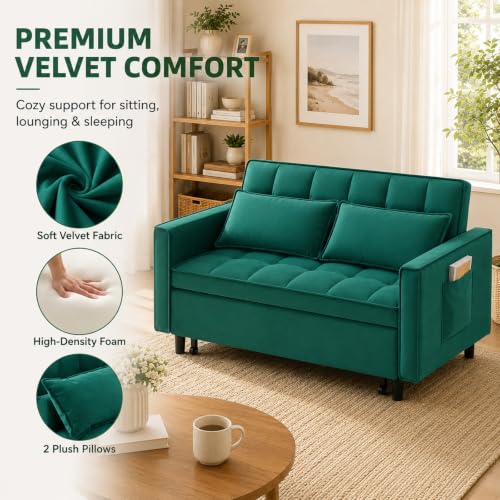 3 In 1 Velvet Convertible Sofa Bed, Pull Out Couch Bed with Reclining Backrest And 2 Pillows, 54" Full Size Loveseat Sleeper Sofa Futon Couch Bed, Couches For Small Spaces, Living Room (Green) - color: Green