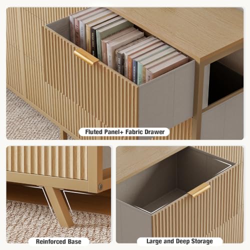 DUMOS Fabric Fluted Dresser, Modern Chest of 9 Fabric Drawers for Bedroom, Large Dressers with Metal Frame & Wooden Top, Storage Organizer Closet for Living Room, Entryway, Natural Oak