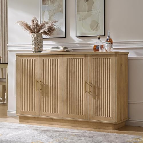 Okvnbjk Modern Sideboard Buffet Cabinet with Storage, Oak | Fluted Coffee Bar Cabinet with 4 Doors & Adjustable Shelves for Kitchen, Dining Room, Living Room & Hallway - color: Oak