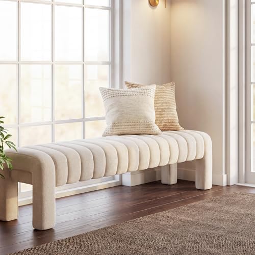 63" Bedroom Bench, Upholstered Entryway Bench, Modern End of Bed Ottoman with Solid Wood Legs and Adjustable Foot Pegs for Entryway, Dining Room and Living Room (Beige Linen) - color: Beige Linen, size: 63"