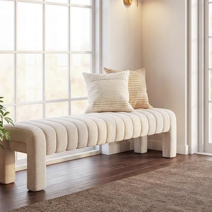 63" Bedroom Bench, Upholstered Entryway Bench, Modern End of Bed Ottoman with Solid Wood Legs and Adjustable Foot Pegs for Entryway, Dining Room and Living Room (Beige Linen) - color: Beige Linen, size: 63"