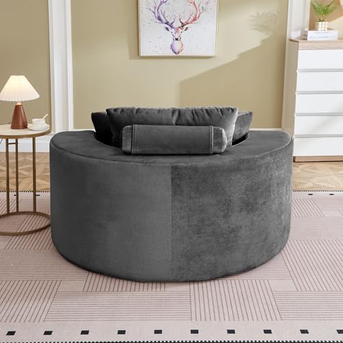 55" Oversized Round Chaise Longue Chair Indoor, Upholstered Terry Circle Single Cloud Reading Sofa Chair Deep Seat Modern Boneless Sleeper Couch No Assembly Required, Grey - color: Grey, style: 55"Terry