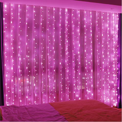 ZSJWL 300 LED Curtain Fairy Lights with Remote, 9.8 × 9.8 Ft, USB Plug in | 8 Modes, Waterproof, Twinkle Silver Wire, String Lights for Bedroom, Windows, Christmas, Wedding and Party Decor, Pink - color: Pink, size: 300LED