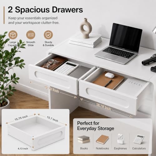 Writing Desk with 2 Drawers, Home Office Computer Desk for Small Spaces | White Study Desk for Bedroom, Compact Workstation Table, Vanity Desk for Apartment and Dorm Room - color: White