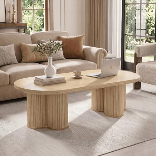 Oval Fluted Coffee Tables for Living Room, 47" Wood Coffee Table,Oak - color: Oak