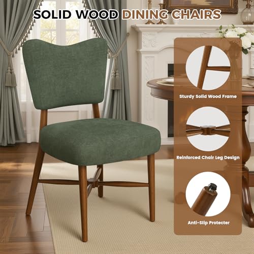 Mid Century Dining Chairs Set of 4, Linen Seat, Wood Legs, Green | Farmhouse, Upholstered Padded Cushion, Solid Wood Cross-Brace, Easy 15-Min Assembly, Kitchen Dining Room - color: Green, size: Set of 4
