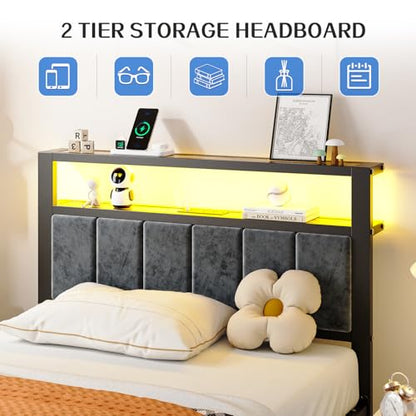 Liians Twin Size Bed Frame with LED Lights, Grey Upholstered Headboard | Platform Bed with 2-Tier Storage Shelf, Charging Station, Noise Free, No Box Spring Needed, Easy Assemably - size: Twin