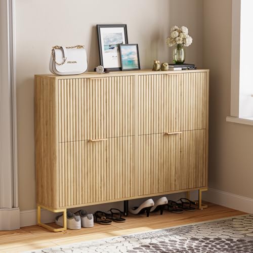 Fluted Shoe Cabinet Storage with 4 Flip Drawers, Wood Narrow Hidden Shoe Cabinet with Metal Legs & Adjustable 2 Tier Shelf for Entryway, Freestanding Slim Shoe Rack Organizer for Hallway Living Room - color: Natural Oak, size: 4drawers