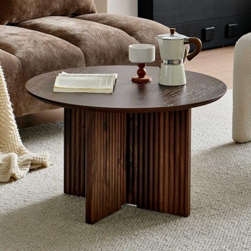 27" Round Coffee Table, Mid Century Modern Coffee Tables with Fluted Base, Wooden Circle Accent Center Table for Living Room Small Space Apartment Office, Walnut - color: Walnut, size: 27" Cross-leg Table