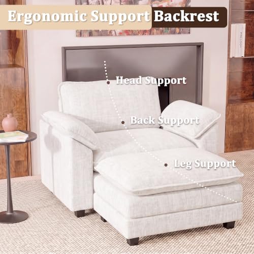 JUMMICO 40" Chaise Lounge Chair with Ottoman, Single Sofa Chair, White | Comfy Chenille, Double Layer Cushion, Wide Armrest, Deep Seat, High-Density Foam, Reading Chair for Living Room - color: White, size: Single Sofa Chair
