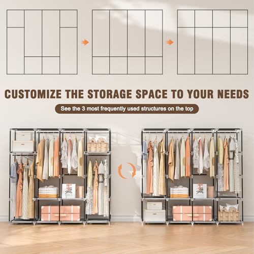 Neatrays Portable Closet, 66 Inch Large Capacity Wardrobe for Closet Organizers and Storage with Non-Woven Fabric Cover, 4 Hanging Rods, 8 Shelves(Grey)