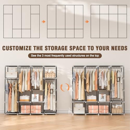 Neatrays Portable Closet, 66 Inch Large Capacity Wardrobe for Closet Organizers and Storage with Non-Woven Fabric Cover, 4 Hanging Rods, 8 Shelves(Grey)