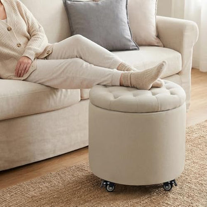 18.9 Inch Round Storage Ottoman with Wheels, Hidden Storage with Removable Lid, Stylish Button Tufted Design Ottoman for Living Room, Bedroom, Linen, Beige - color: Beige-1