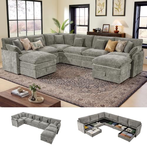 Ihanherry Oversized Modular Sectional Sofa with Storag, 8-Seater V Shaped Cloud Couch with Movable Ottomans, Chenille Deep Seat Corner Couches for Living Room (Grey) - color: Grey, size: 135" V Shape