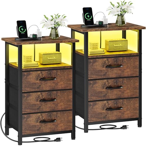 Night stand Set 2 with Charging Station, LED Nightstand for Bedroom, Bedside Table with 3 Fabric Drawer, End Table Side Table with USB Port & Outlets, Bed Side Table for Bedroom, Rustic Brown - color: Rustic Brown, size: 2 Pieces, style: With LEDs