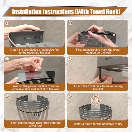 Matte Gray Corner Shower Shelf, 2-Pack Aluminum Bathroom Caddy Item Highlights No Drill Adhesive & Screw Mount, Rustproof Storage Rack with Towel Hooks for Shower, Toilet & Laundry Room