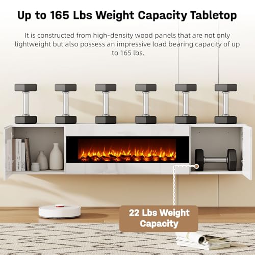 70" Wall Mounted Floating TV Stand with 36" Electric Fireplace, High Gloss Floating Entertainment Center TV Shelf for TVs Up to 80", White Fireplace Media Console Table Floating TV Cabinet Living Room - color: White, size: 70"-with fireplace