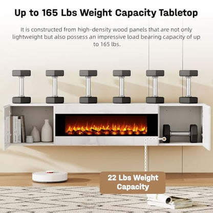 70" Wall Mounted Floating TV Stand with 36" Electric Fireplace, High Gloss Floating Entertainment Center TV Shelf for TVs Up to 80", White Fireplace Media Console Table Floating TV Cabinet Living Room - color: White, size: 70"-with fireplace