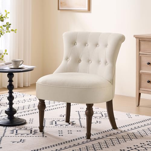 Upholstered Accent Chair, French Country Side Chair (1, Beige) | with Tufted Backrest, Thick Padded Seat and Solid Wood Legs for Bedroom, Living Room, Vanity & Reading Nook - color: Beige