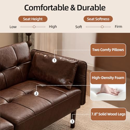 HALLYBEE 85" Futon Faux Leather Couch with Adjustable Armrests Red Brown | Futon Sofa Bed, Sleeper Sofa, Small Couch with Pillows, Side Pockets, Mid Century Modern, Living Room, Bedroom, Apartment - color: Red Brown