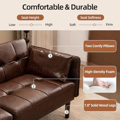 HALLYBEE 85" Futon Faux Leather Couch with Adjustable Armrests Red Brown | Futon Sofa Bed, Sleeper Sofa, Small Couch with Pillows, Side Pockets, Mid Century Modern, Living Room, Bedroom, Apartment - color: Red Brown