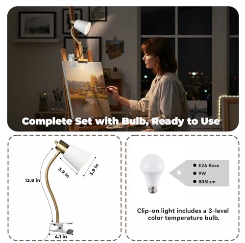 Desk lamp Eye-Caring Table Lamps, 360°Rotation Gooseneck Clip on Lamp Reading Light, Portable Reading Book Light, Clamp Light, Study Desk Lamps for Bedroom and Office Home Lighting (Black and White) - color: White and Gold
