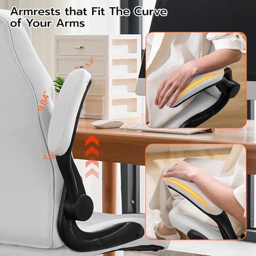 Ylzyxal Office Desk Chair, Ergonomic Computer Chair with Padded Flip-Up Arms and Adjustable Lumbar Support, PU Leather Executive Chair with Tilt Lock and 360° Swivel Rolling Wheels for Work, Study - color: White