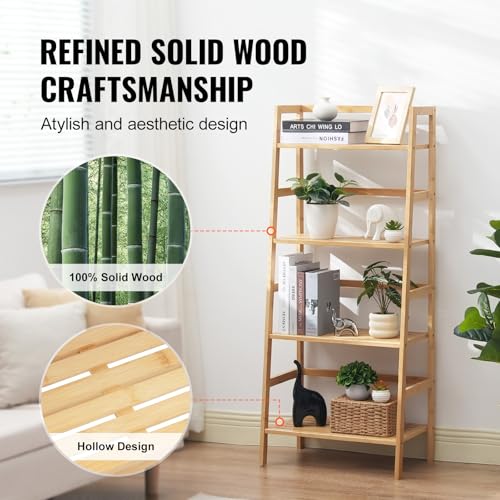 VEVOR 4-Tier Bamboo Ladder Shelf, Trapezoid Open Bookcase, Display Storage Rack Organizer, Freestanding Flower Plant Stand, Ladder Bookshelf Ideal for Bathroom, Bedroom, Office, Study, Natural - style: 4-Tier