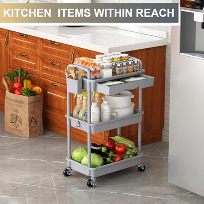 Goovilla 3 Tier Rolling Utility Cart Organizer with Removable Drawer, Grey | Stable and Sturdy Rolling Storage Carts with 2 Lockable Wheels for Bathroom, Kitchen, Snack, Craft, Makeup, Baby Essentials - size: 3 Tier, style: Gray