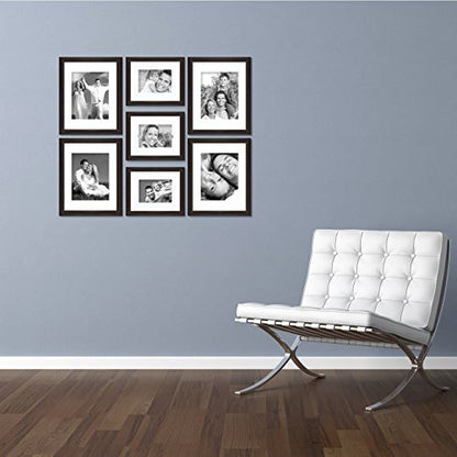 Craig Frames 7-Piece Wall Frame Set – Dark Brown 1-Inch MDF Moulding, Wood Grain Finish, Includes White Display Mats and Hanging Hardware – Photo Collage Gallery Display - color: 621FSET01S07Z Brown Frame Set