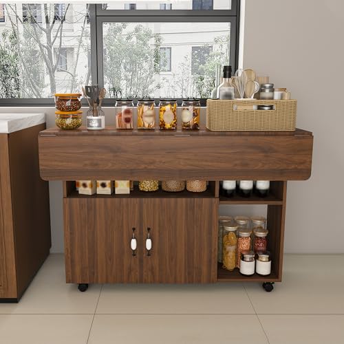 KEIKI 47 Inch Foldable Dining Table, Multi-Functional Folding Table with Storage Shelves and Wheels, Drop Leaf Extendable Dining Desk, Versatile Foldable Side Table for Kitchen, Dark Walnut - color: Drak Walnut
