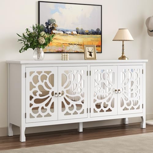 RoyalCraft 63'' Buffet Cabinet with Mirror Butterfly Carved Door, Sideboard Cabinet with Adjustable Shelves, Vintage Accent Credenza Media Console for Entryway, Kitchen, Satin White - color: Satin White