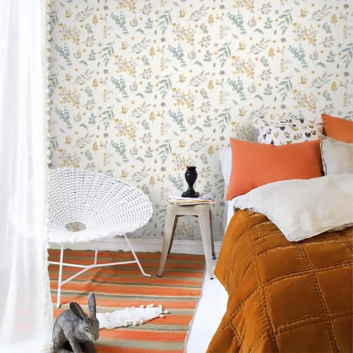 Hopepak 17.3''x197'' Floral Peel and Stick Wallpaper Vintage Contact Paper Removable Self Adhesive Wall Paper for Bedroom Bathroom Living Room Cabinets Nursery - color: Yellow/Green, size: 17.3" x 197"