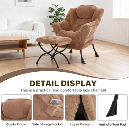 Modern Lazy Chair with Ottoman Lounge Accent Reading Chair for Living Room | Foldable Footstool,Removable Cover,Soft Padded Seat & Backrest,Upholstered Comfy Chair for Bedroom,Dorm,Office,Small Space - color: Plush Brown