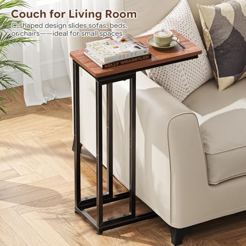 Ekisemio C-Shaped End Table Set of 2, Slide Under Sofa Side Table with Metal Frame, Rustic Brown for Living Room, Home Office, Small Spaces