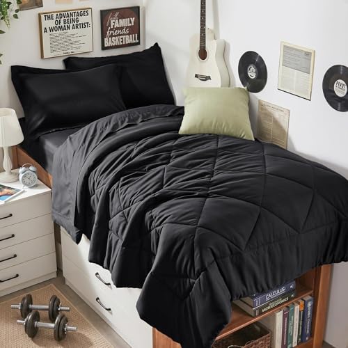 5-Piece Twin XL Comforter Set, Black | Reversible, All-Season, Soft, 5 Piece Set, All-Season Reversible Bed in a Bag, Flat Sheet, Fitted Sheet, Pillowcases - color: Black, size: Twin XL