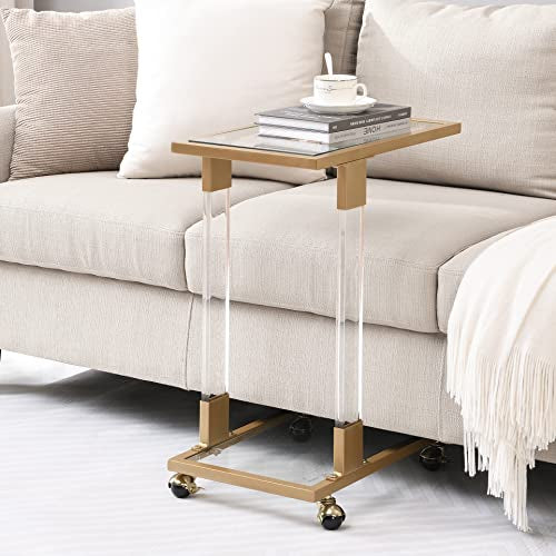 Clear Sofa Side Table C Shaped End Table with Wheels, Rolling Acrylic Bedside Laptop Snack Table TV Tray, Mobile Breakfast Tray Table with Tempered Glass Shelves and Clear Acrylic Frame - color: Acrylic Clear, Gold