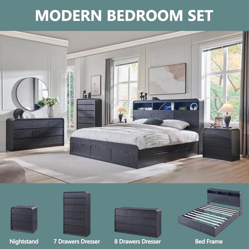 Aitjunz 25" Tall Modern Nightstand with Charging Station, 23.6'' Wide Wood Bedside Table w/3 Storage Drawers, Small Dresser w/Curved Profile Design, End Table for Bedroom, Black - color: Black