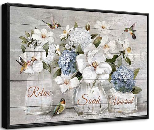 Framed Bathroom Floral Wall Art Farmhouse Bathroom Wall Decor Rustic Hummingbird Flowers Picture Wall Decor Relaxing Soaking Canvas Prints for Bathroom painting 24x16 inch - color: Hydrangea, size: 16"L x 24"W