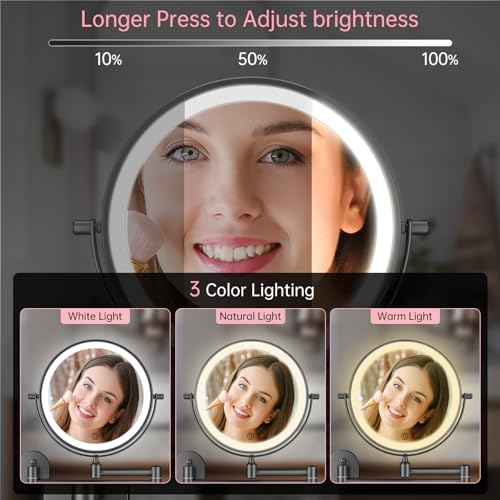 FUNTOUCH 5000mAh Rechargeable Wall Mounted Lighted Makeup Mirror 1X30X | Double Sided 1X 30X Magnifying, 3 Color Lighting, Touch Dimming, Extended Arm 360 Rotation Light up Bathroom Mirror Black - color: Black