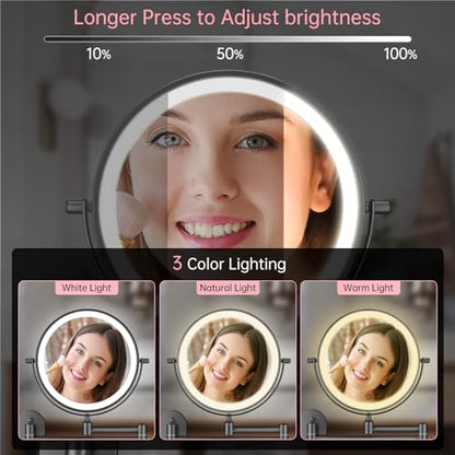 FUNTOUCH 5000mAh Rechargeable Wall Mounted Lighted Makeup Mirror 1X30X | Double Sided 1X 30X Magnifying, 3 Color Lighting, Touch Dimming, Extended Arm 360 Rotation Light up Bathroom Mirror Black - color: Black
