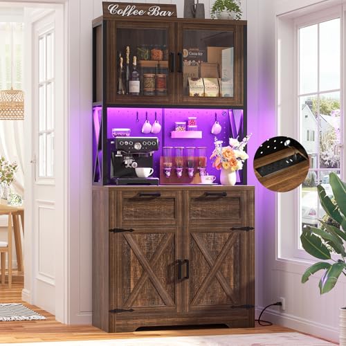 Unikito 71" Kitchen Pantry Cabinet with LED Light & Outlet, Microwave Stand | Weathered Brown, DIY Pegboard Panel, Storage Drawers, Adjustable Shelves, Freestanding Food Pantry Hutch for Dining Room - color: Weathered Brown, size: 32 Inch