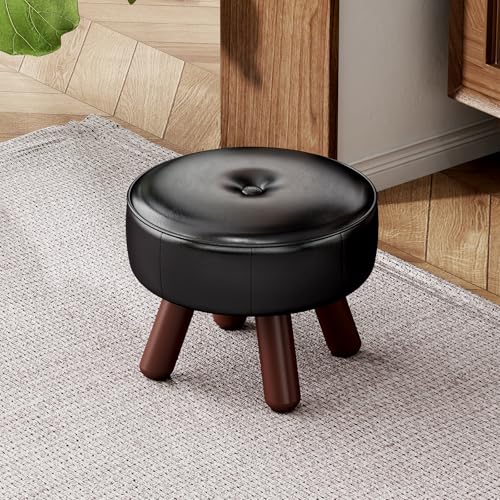 oakvivo 13in Small Foot Stool Ottoman, Round Faux Leather Foot Rest, Black | Footstool Ottomans with Rubber Legs Under Desk, Footrest for Couch, Living Room, Bedroom, Office, 13''L x 13''W x 10.2''H - color: Black