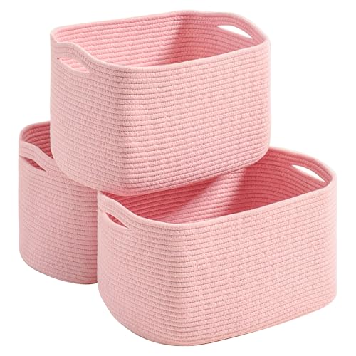 Pink Storage Baskets for Organizing Shelves, Woven Cotton Rope Baskets for Storage, Toy Basket for Kids, Cute Basket for Shelves Closet, 14.8"×11"×9.5", Pack of 3, Light Pink - color: Light Pink