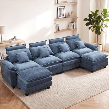 134'' U Shaped Sectional Couch, Cloud Deep Seat Sofa Couch with 2 Ottoman, Detachable Headrest, Oversized Modular 5 Seater Sofas for Living Room, Blue - color: Blue, size: U Shaped Couch